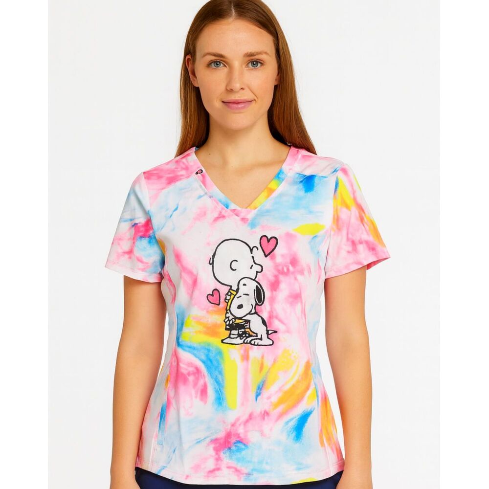 Cherokee Uniform Tooniforms Peanuts Pastel Tie Dye V Neck Nurse Sz. S Scrub Top
